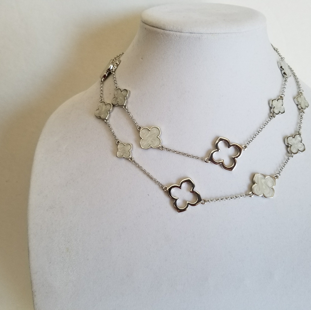 Silver-tone Mother of Pearl Clover Station Necklace - Women Jewelry